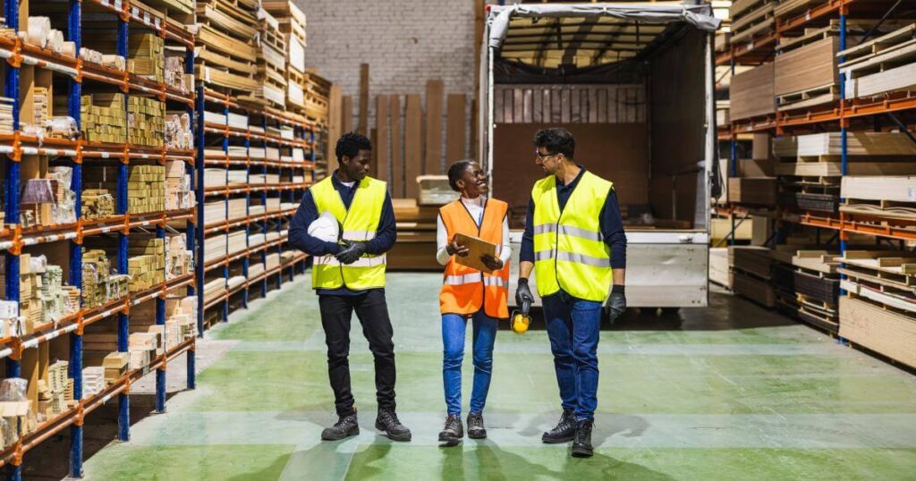 osha 10 trained staffing partner doing safety walk through on warehouse floor