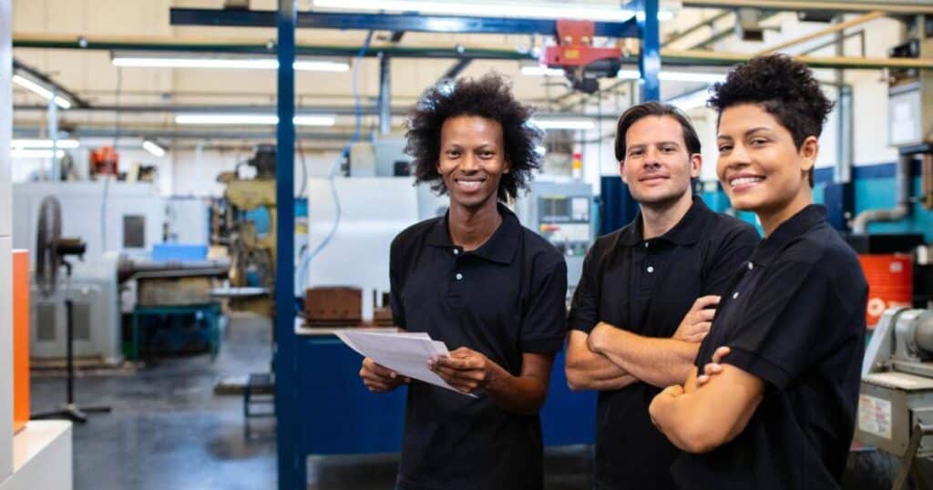three smiling temporary employees on first day