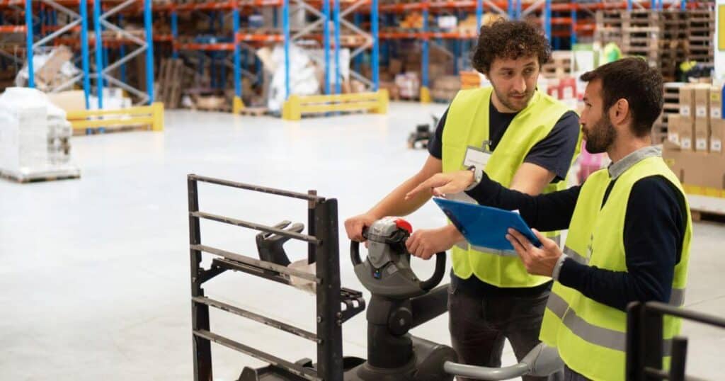 new forklift operator receiving floor-specific orientation with supervisor